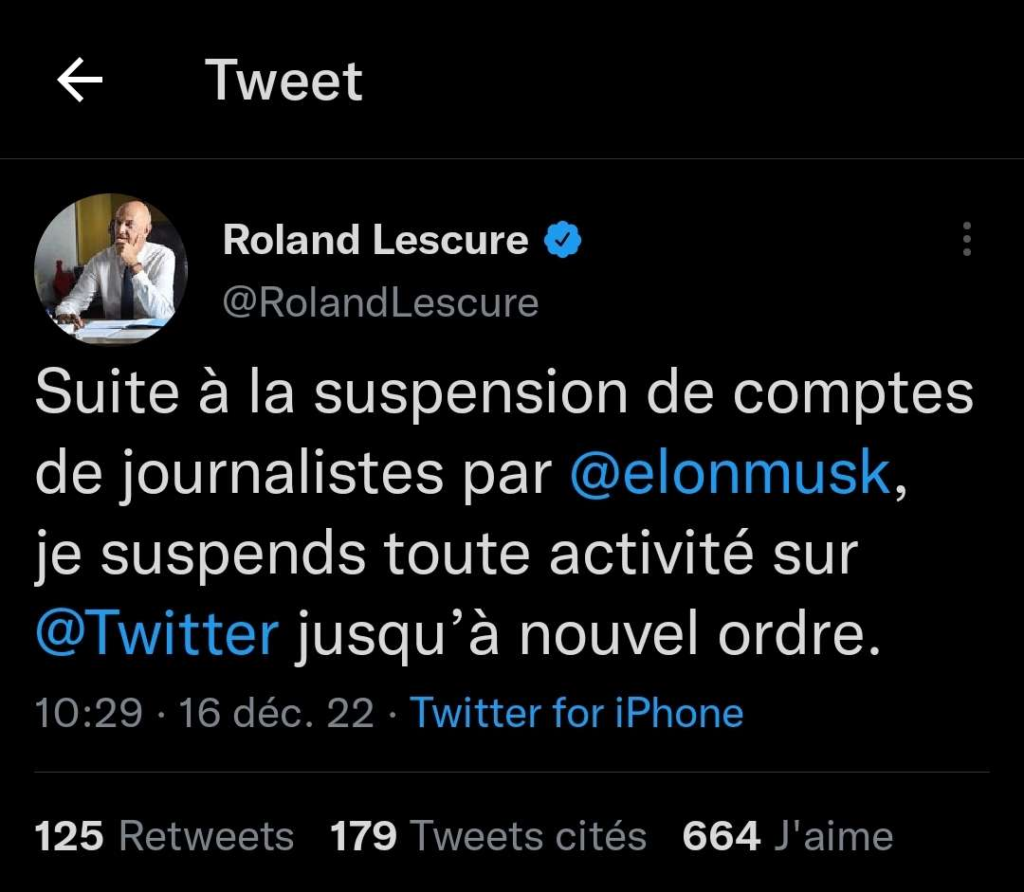 Tweet du Ministre de l'industrie Roland Lescure, disant : "Suite à la suspension de comptes de journalistes par Elon Musk, je suspends toute activité sur Twitter jusqu'à nouvel ordre".